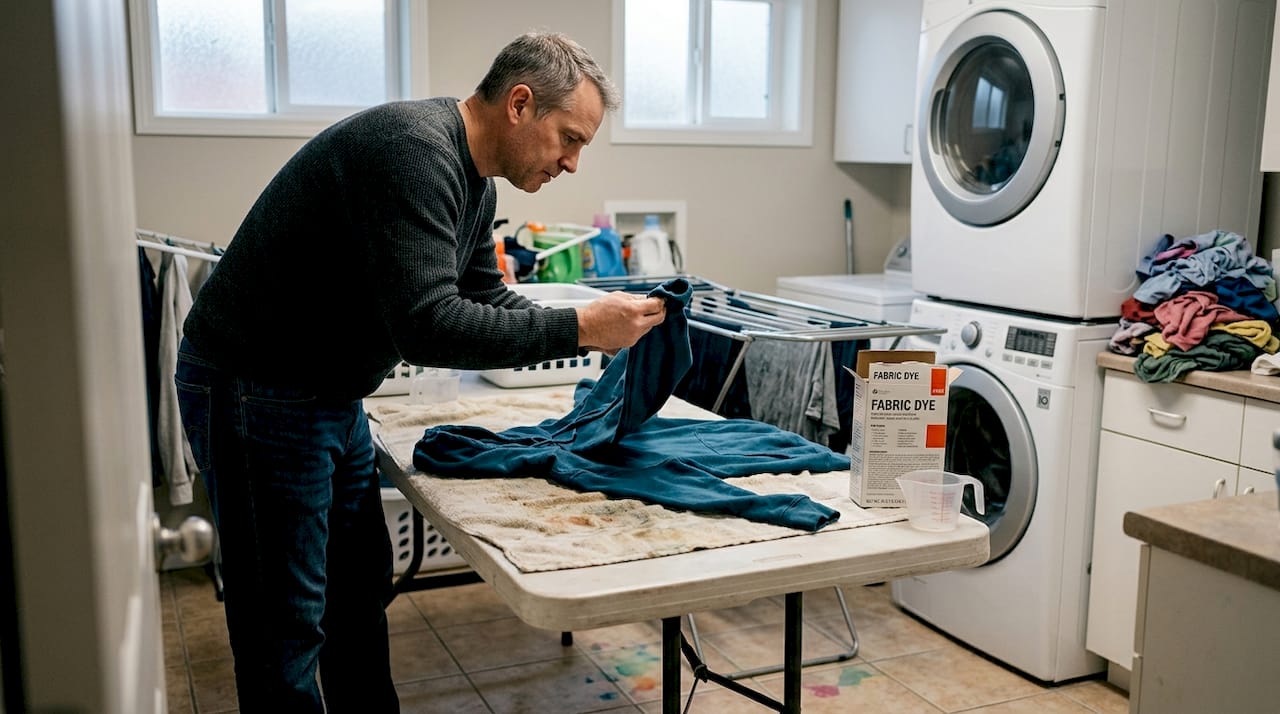 Man inspecting garment dye results laundry
