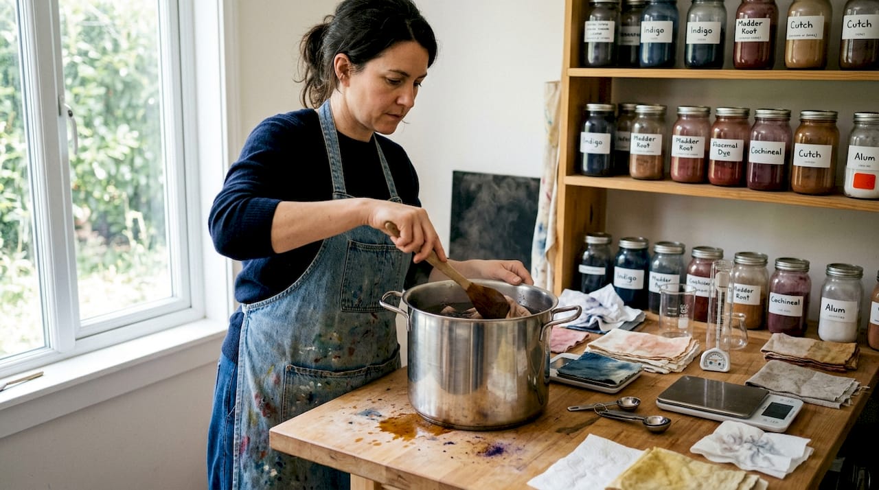 Textile specialist dyeing fabric in studio