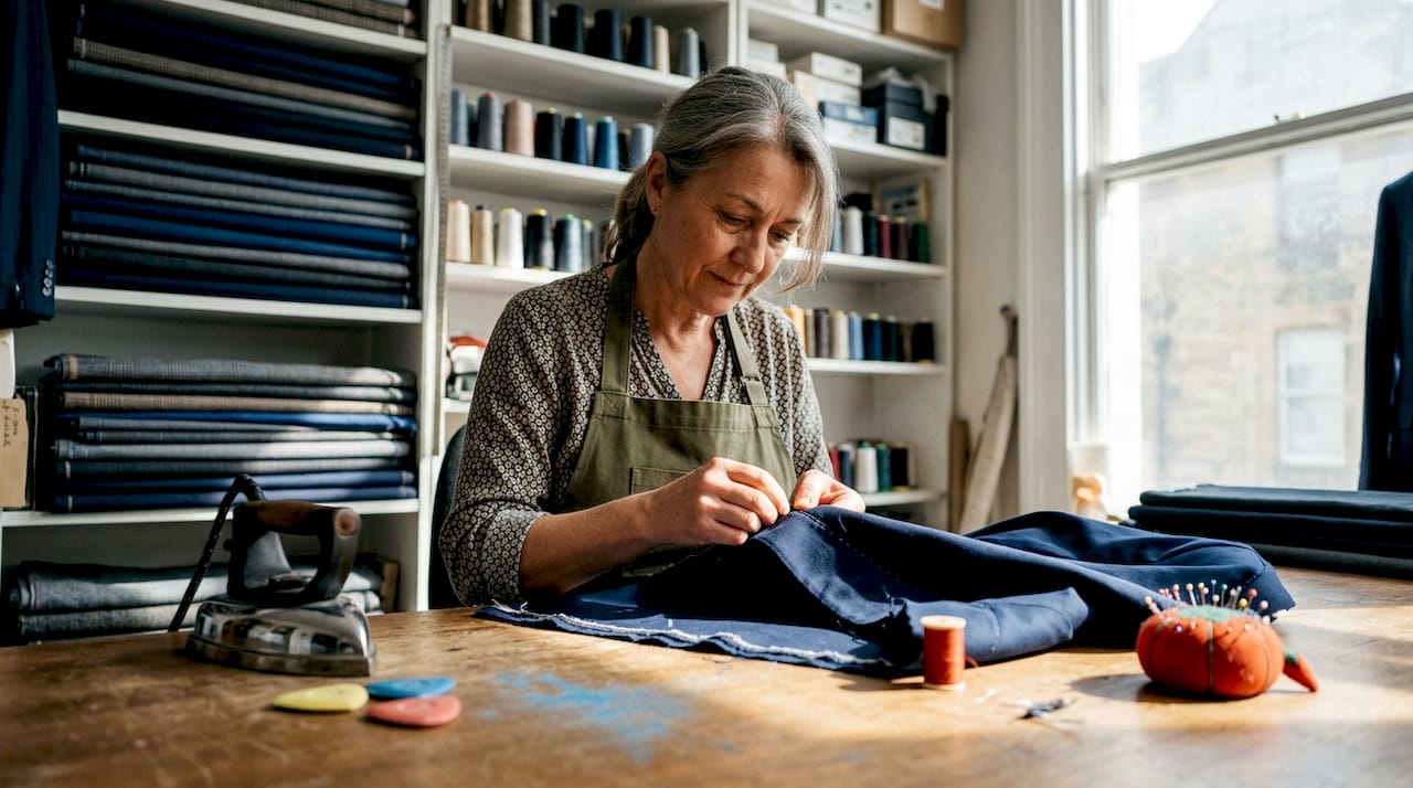 Tailor sewing navy gabardine blazer at table