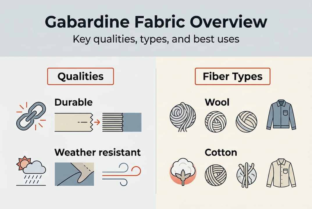 Gabardine infographic showing qualities and fiber types