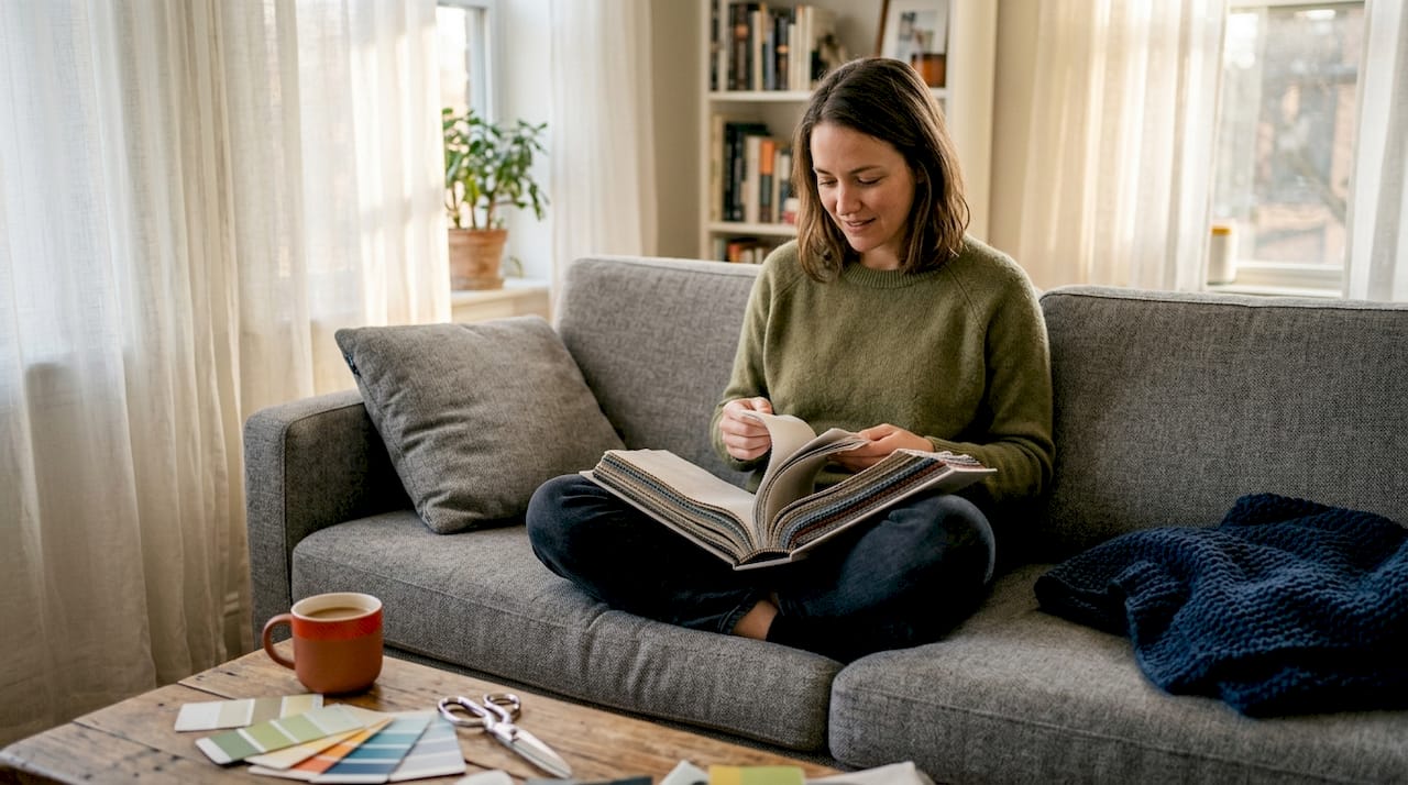 Woman choosing home decor fabric swatches