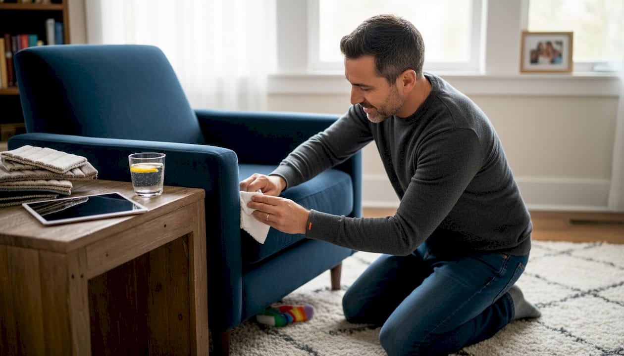 Man testing durability of upholstery fabric