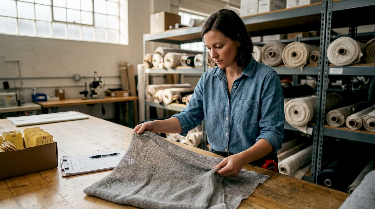 Technician examining flame retardant fabric in lab