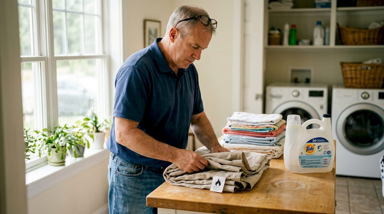 Homeowner folding flame retardant curtains after wash