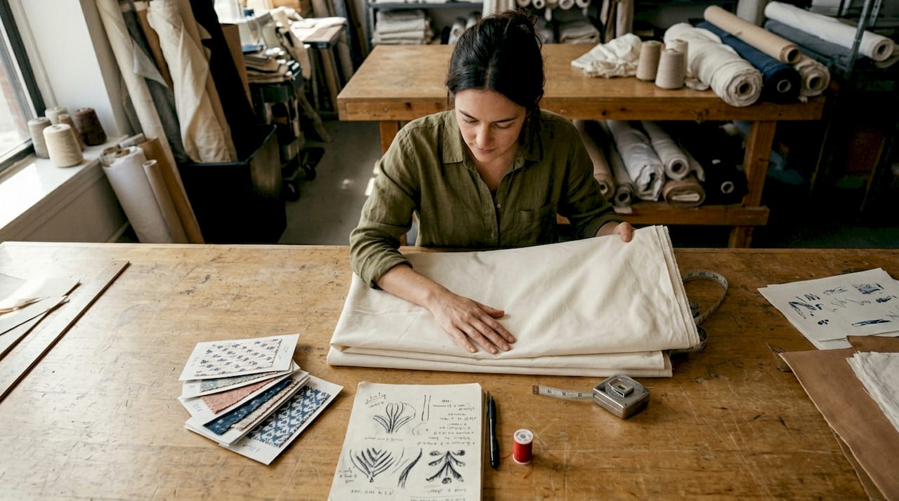 Designer handling sateen fabric in sunlit studio