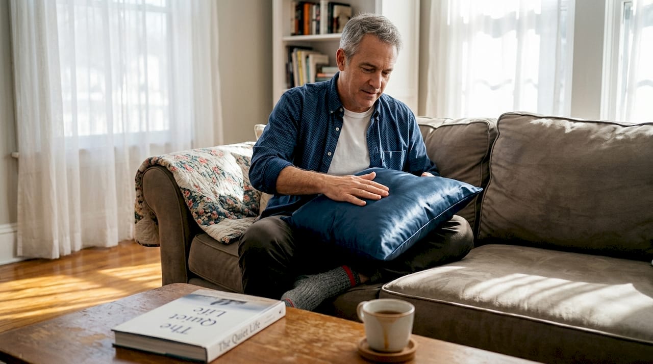 Man arranging sateen pillow in living room