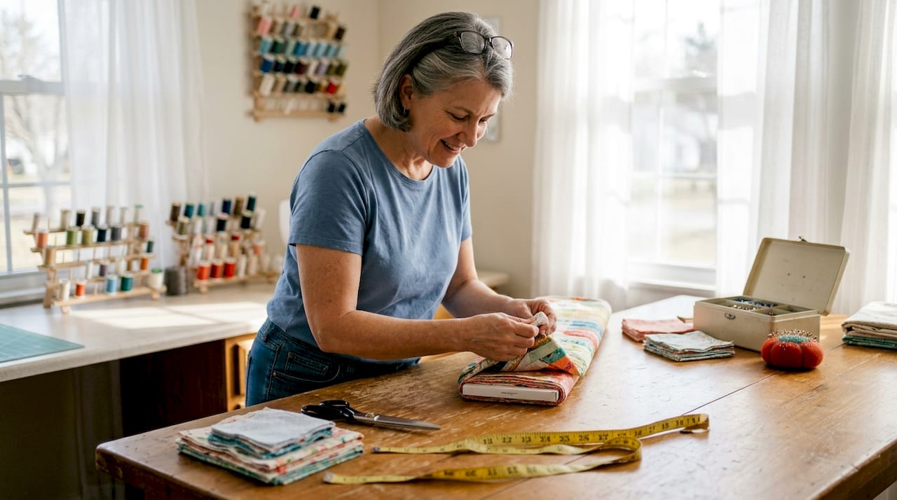 Quilter assessing cotton fabric quality