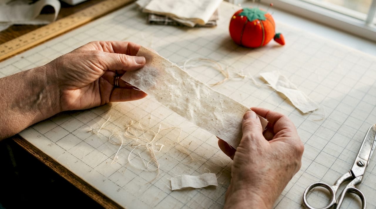 Hands holding upland cotton fabric close-up