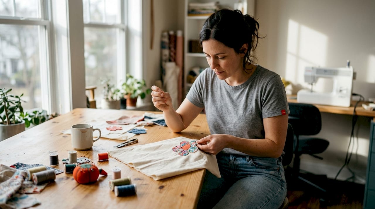 Sewist hand stitching appliqué at workspace