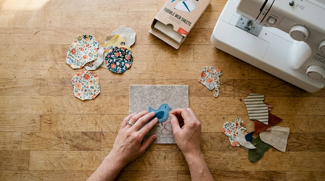 Hands demonstrating appliqué techniques on felt