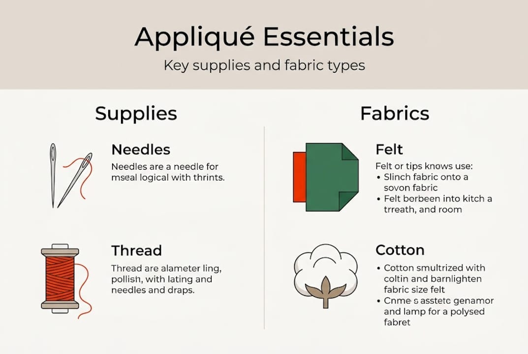 Infographic showing appliqué essentials supplies fabrics