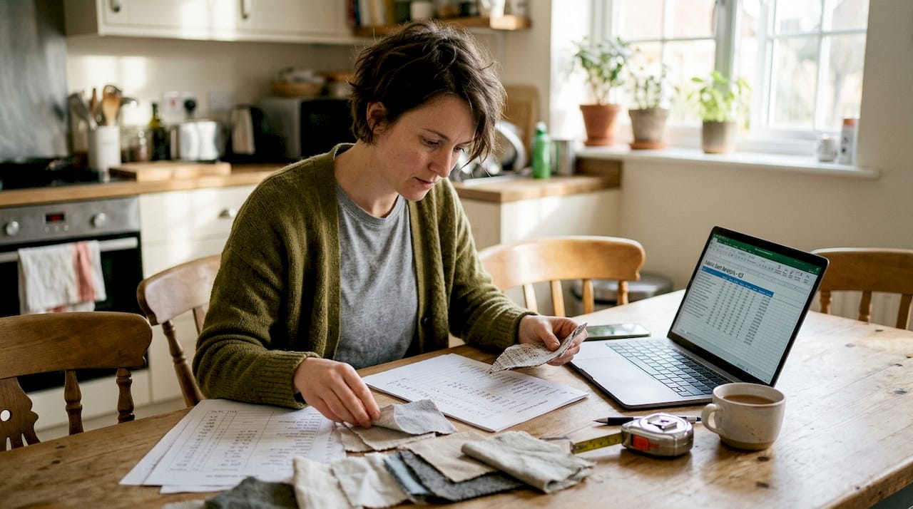 Textile buyer reviewing fabric costing at home table