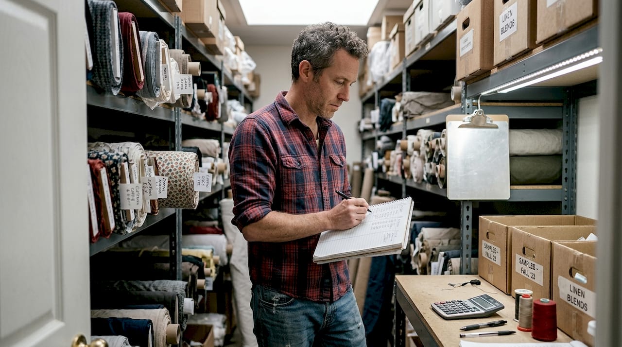 Man planning fabric inventory on notebook in storeroom