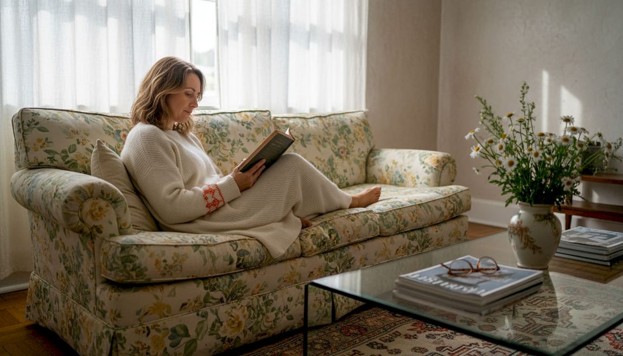 Chintz sofa in cozy sunlit living room