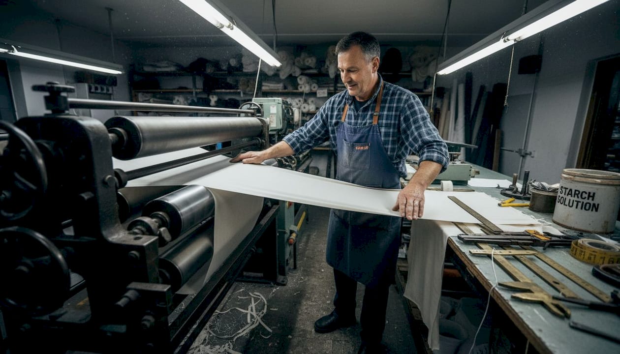 Technician glazing fabric on calendering machine