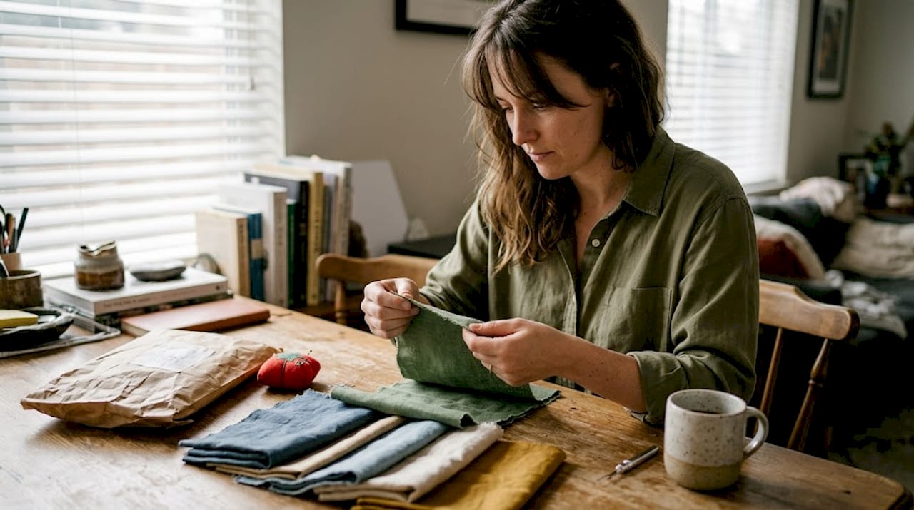 Woman examining fabric swatch in kitchen