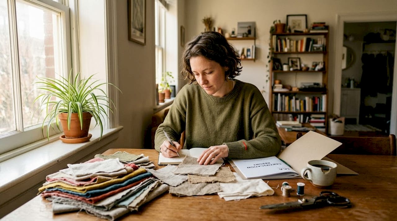Designer reviewing sustainable fabric samples in studio