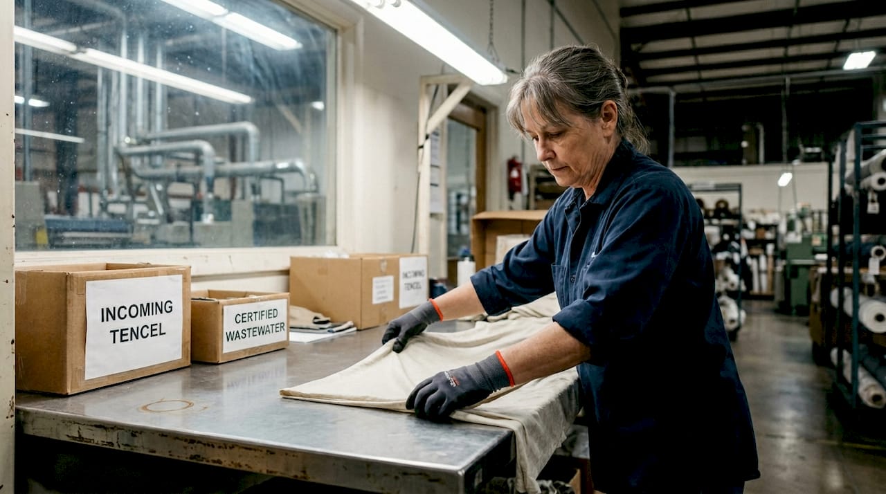 Factory worker inspecting lyocell textile at table