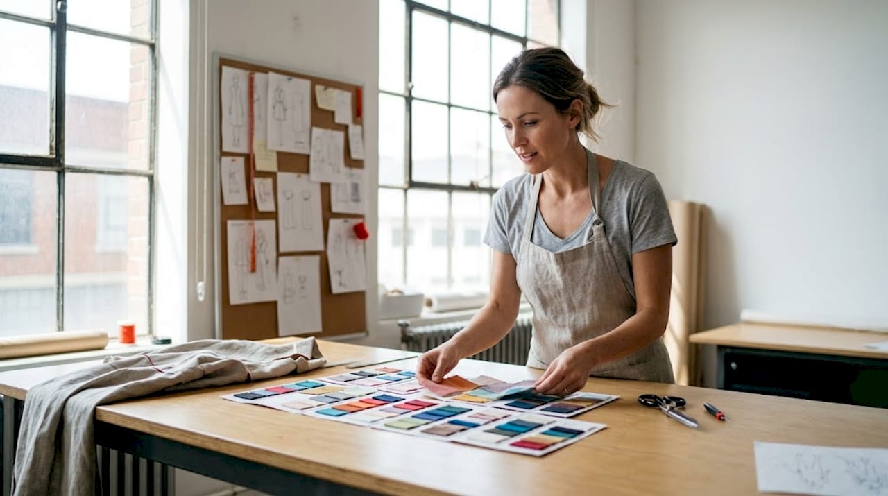 Fashion designer reviewing colorful fabric swatches