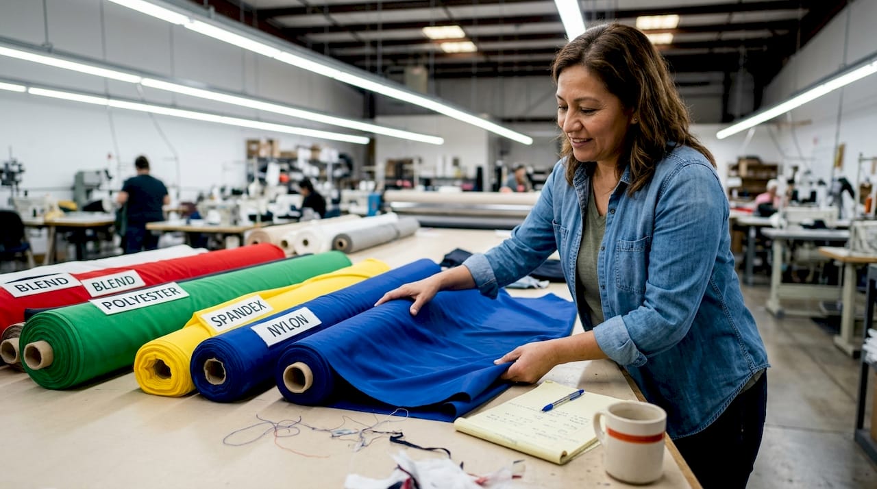 Technician inspecting synthetic fabric rolls