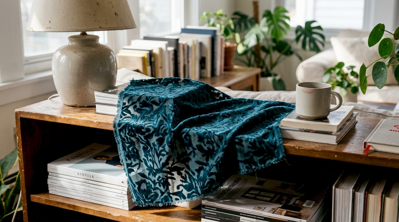 Burnout velvet fabric detail in home setting