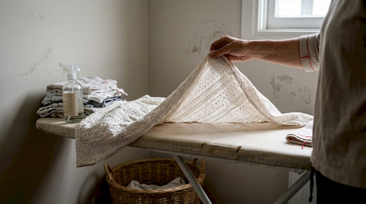 Close-up of cotton eyelet fabric embroidery