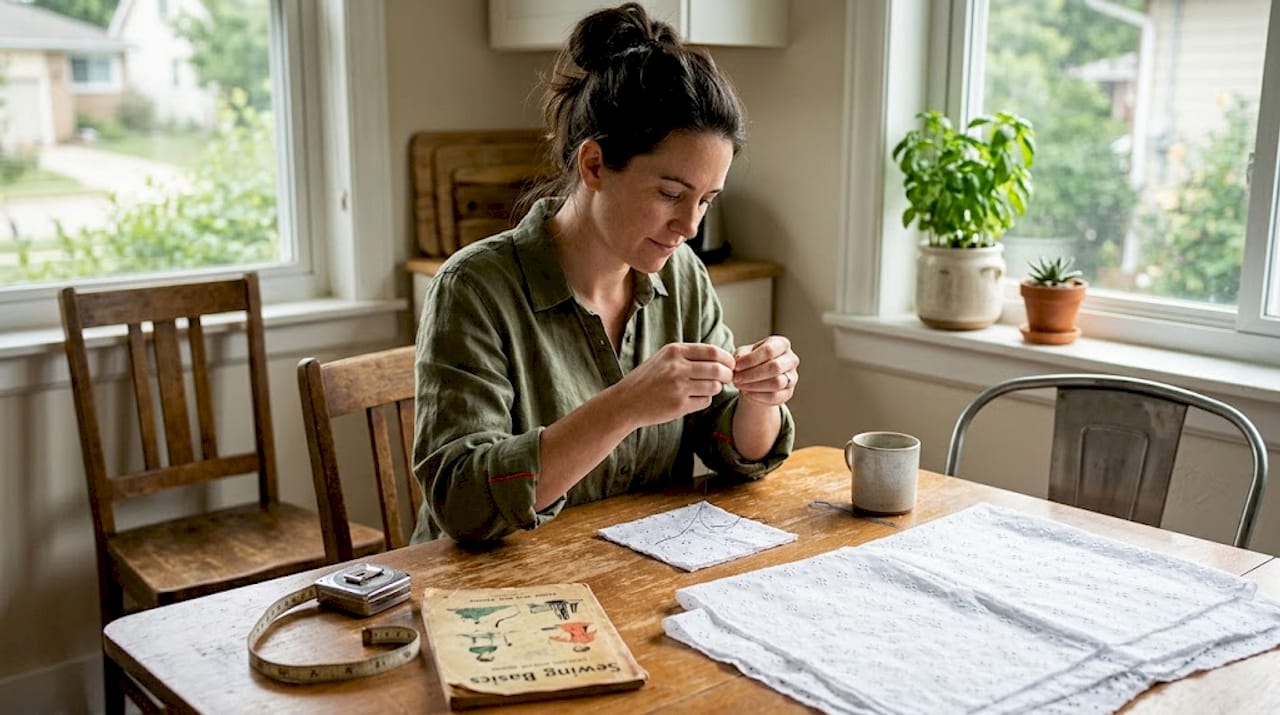 Woman sewing eyelet fabric at kitchen table
