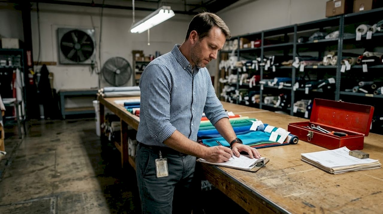 Factory manager checking fabric samples in factory