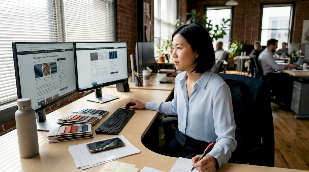 Woman researching textile suppliers at her desk
