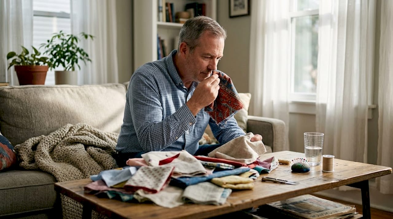 Man smells fabric to assess condition