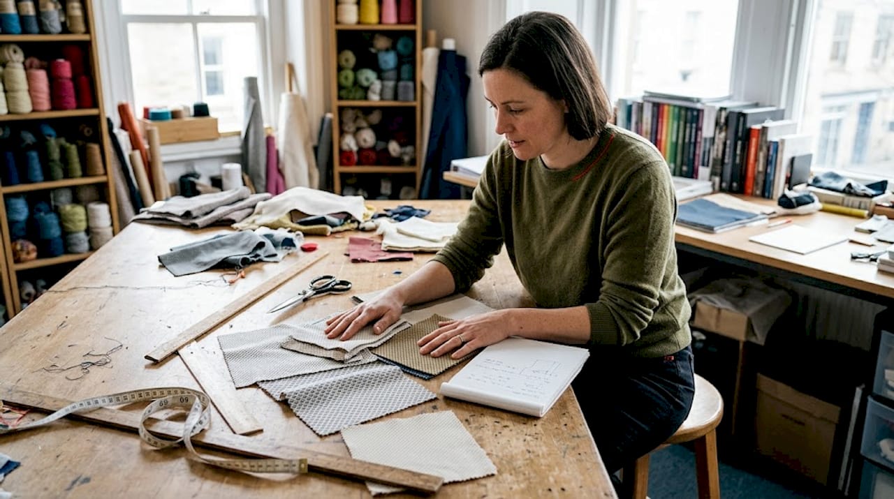 Designer studying textured pique fabric samples