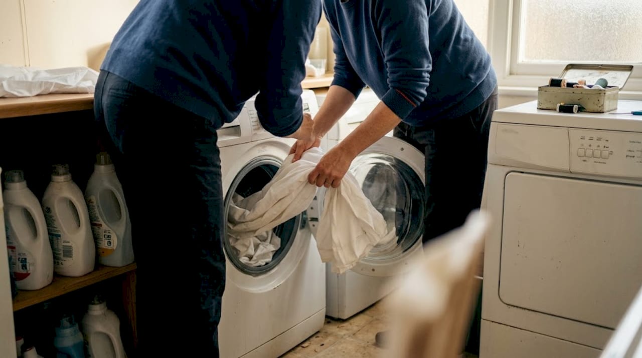 Hands placing curtain lining in washing machine