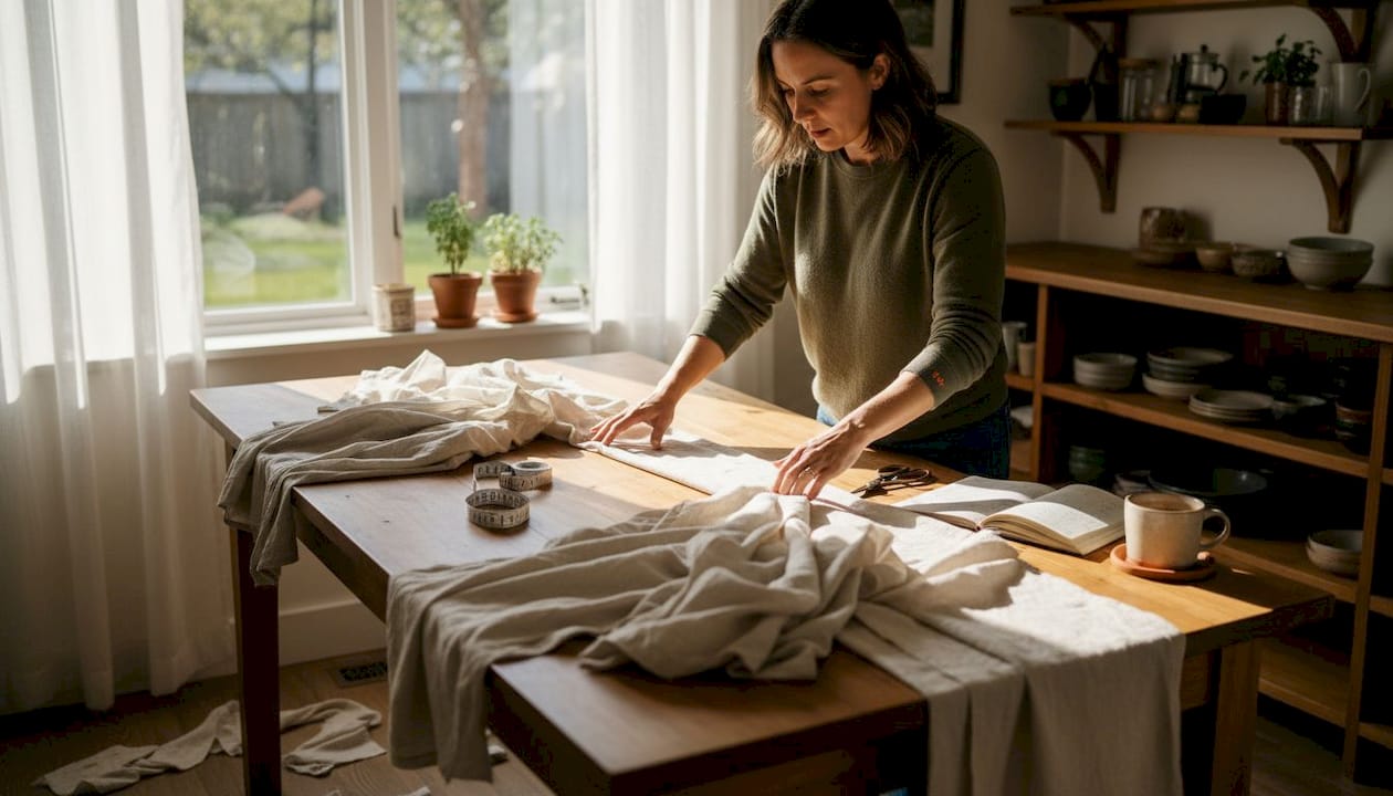 Person preparing curtain fabric on kitchen table