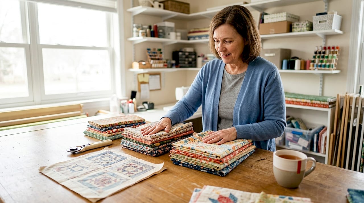 Quilter inspecting colorful fabrics at workspace