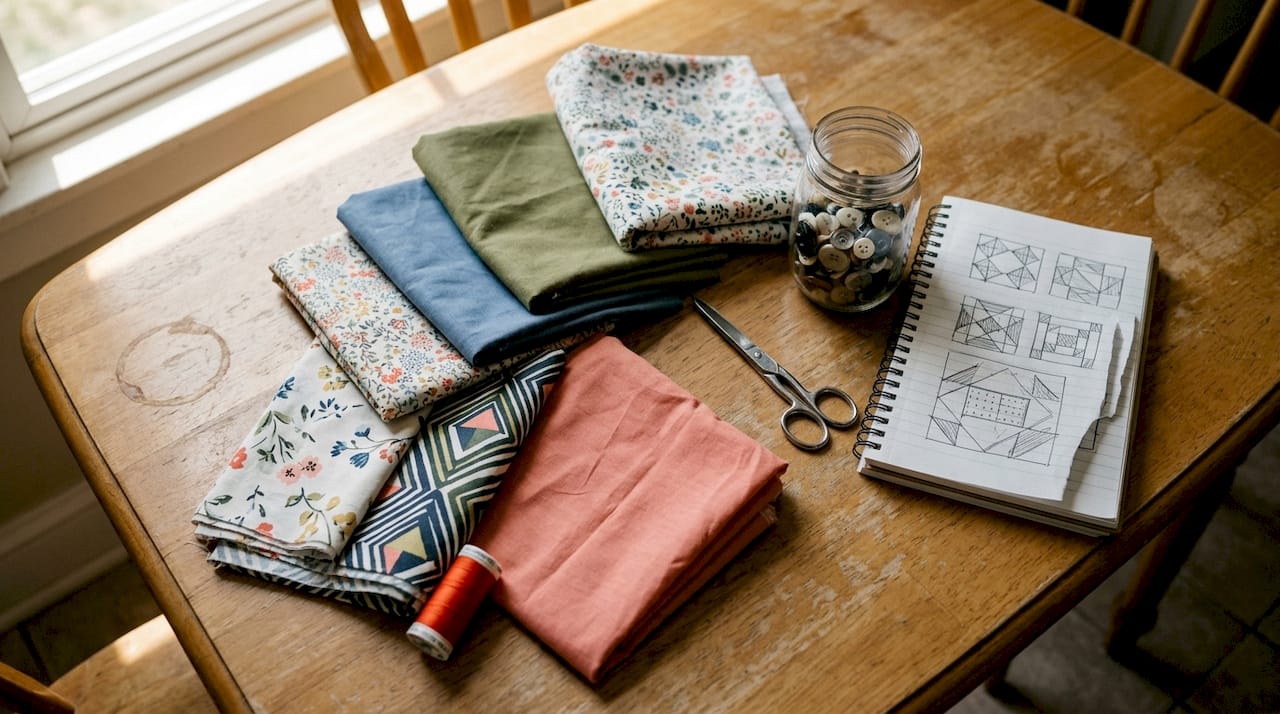 Folded quilting cottons with prints and supplies