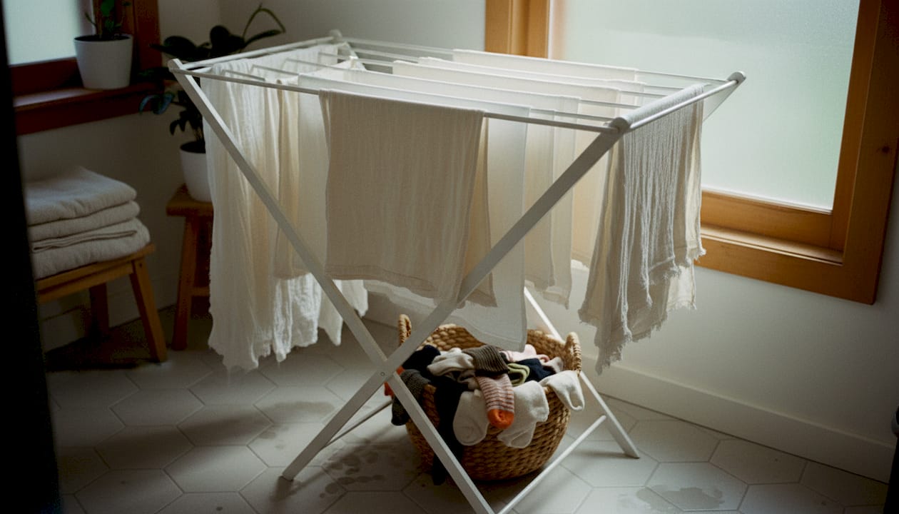 Fresh organic muslin air drying on laundry rack