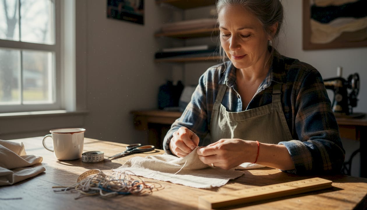 Crafter sewing muslin by window in cozy workspace