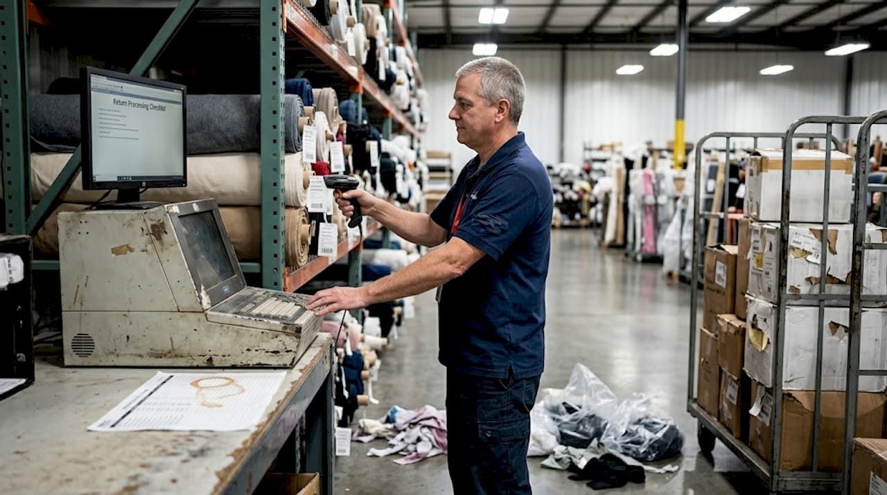 Warehouse worker processes fabric returns at scanner