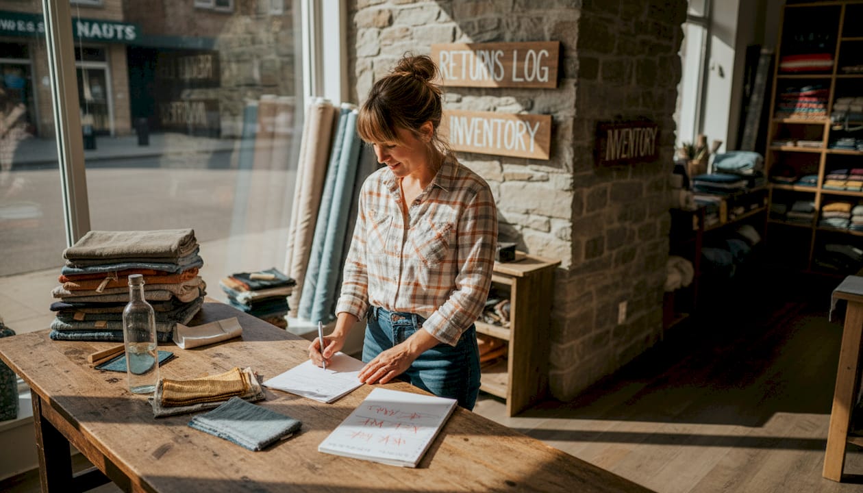 Store manager reviews fabric returns paperwork