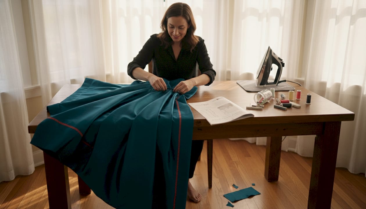 Crafter pinning taffeta at dining table