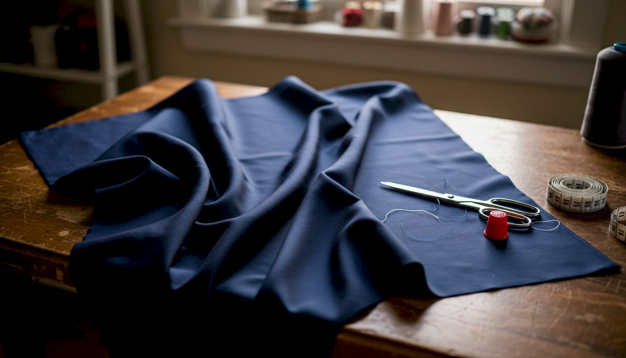 Close-up of lustrous blue taffeta fabric