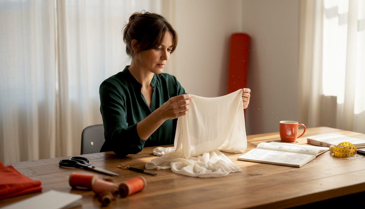 Designer examining georgette swatch in studio