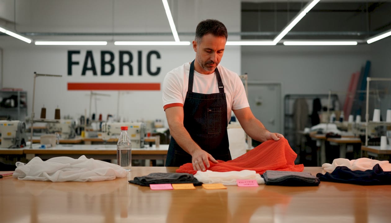 Technician comparing fabric samples in workshop
