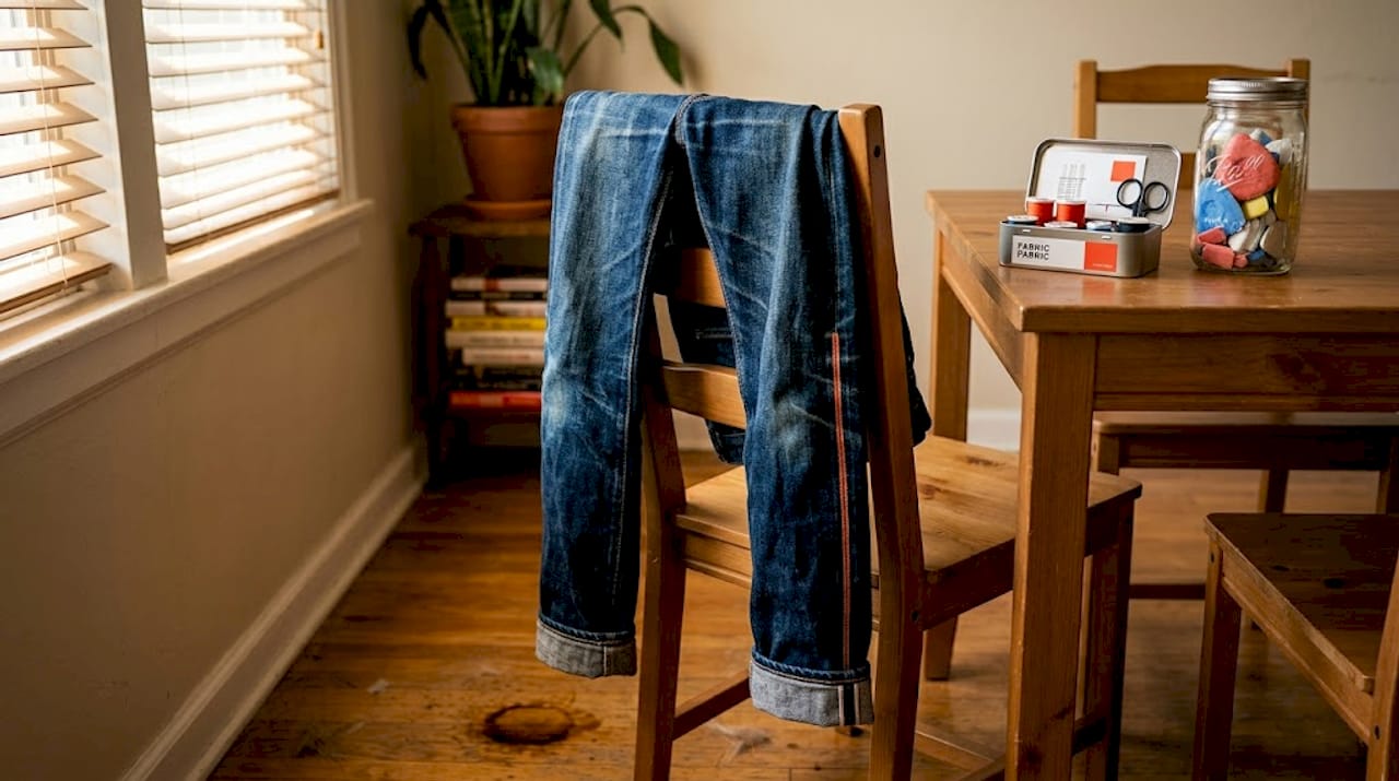 Aged selvedge denim draped on kitchen chair