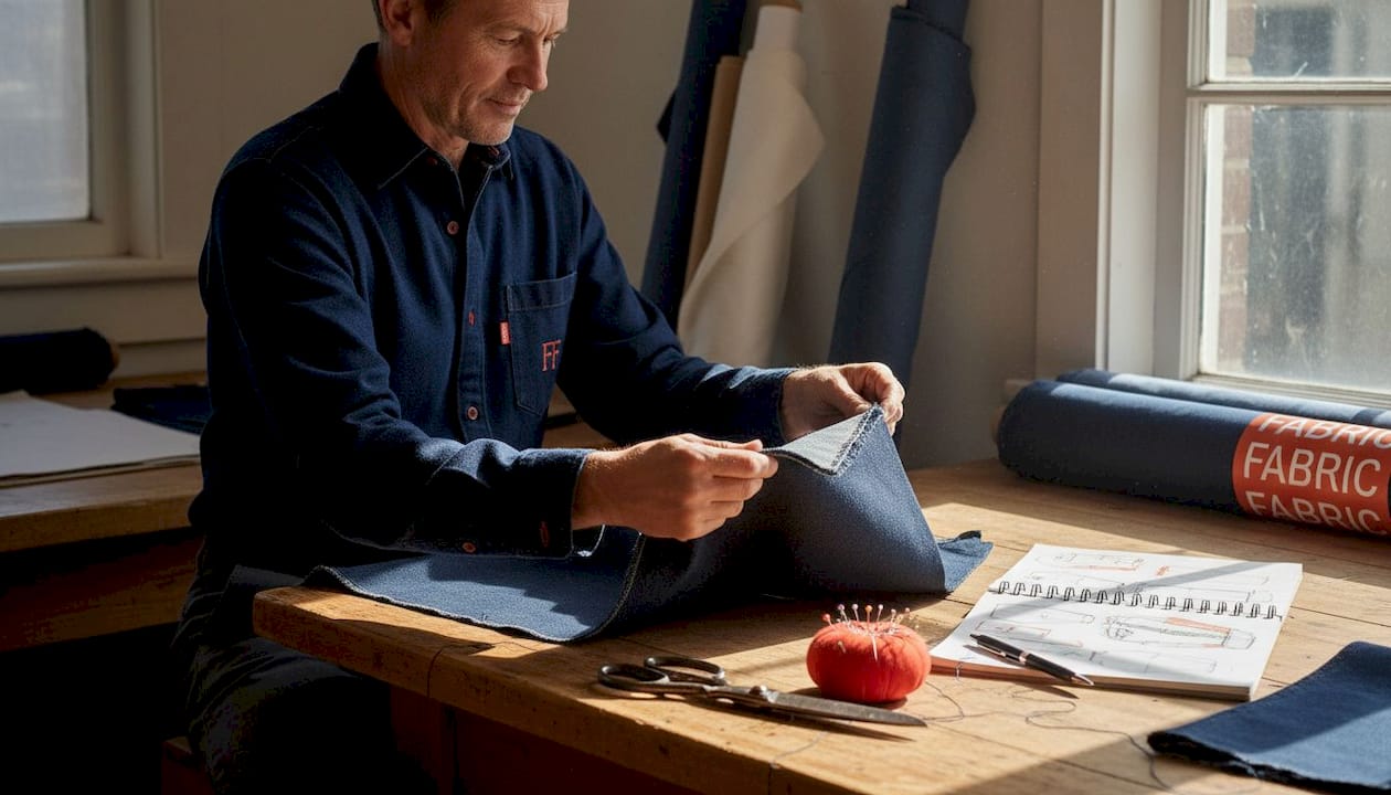 Textile maker inspecting selvedge edge denim piece