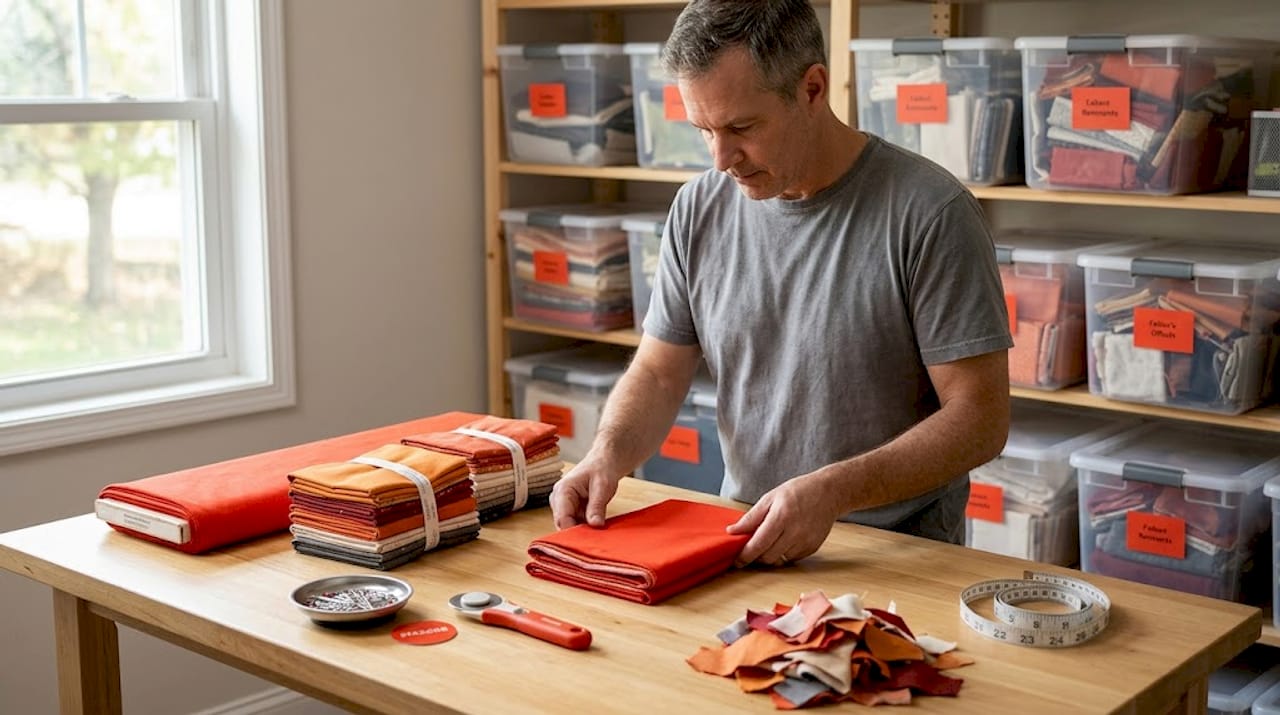 Man organizing fabric bolts on craft table