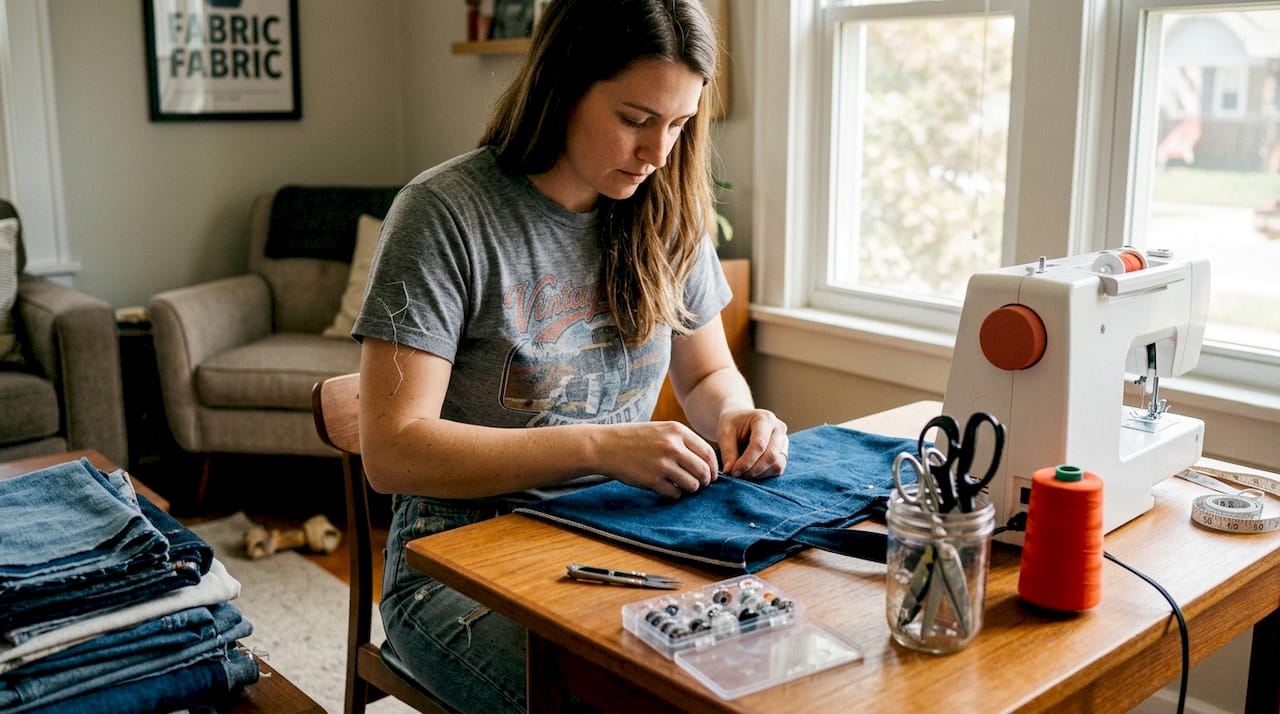 Sewer pinning selvedge denim at home