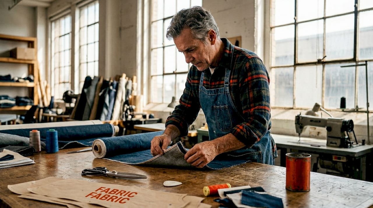 Textile worker inspects selvedge denim fabric