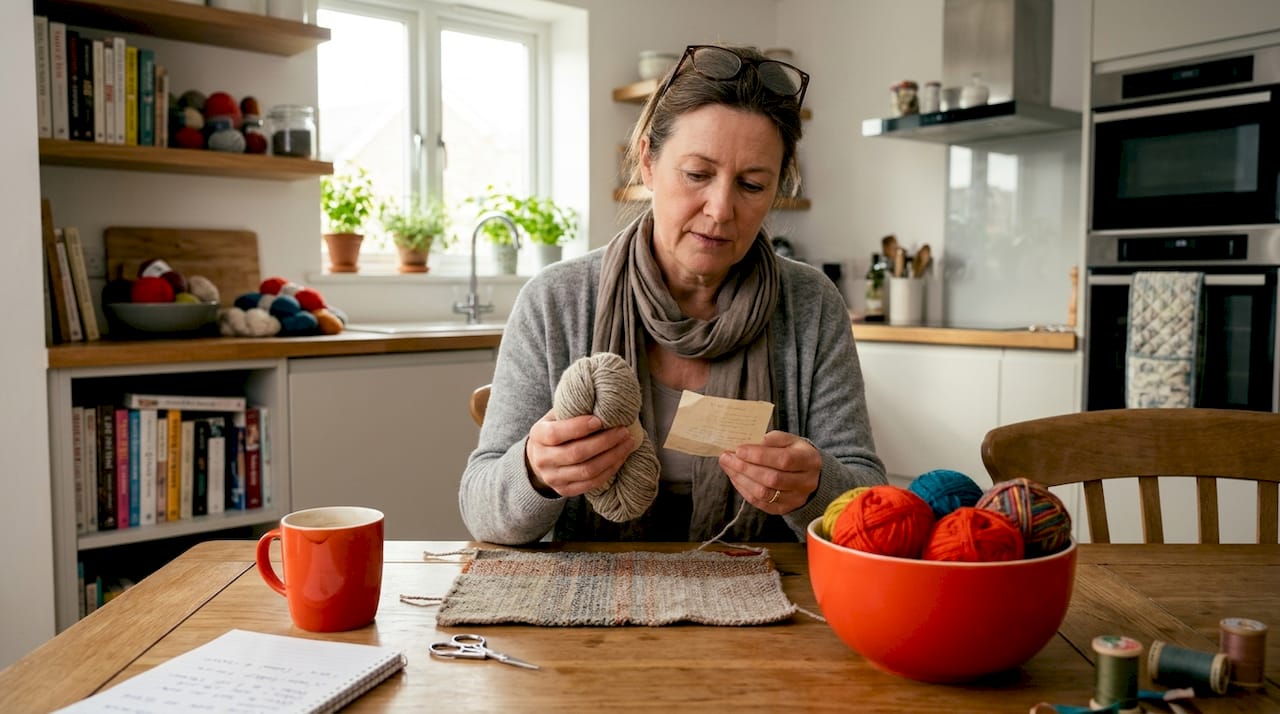 Crafter examining yarn labels in kitchen