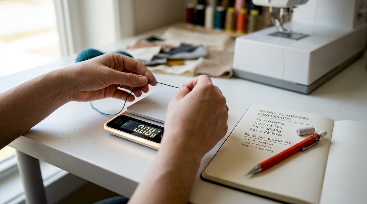 Hands weighing yarn on digital scale